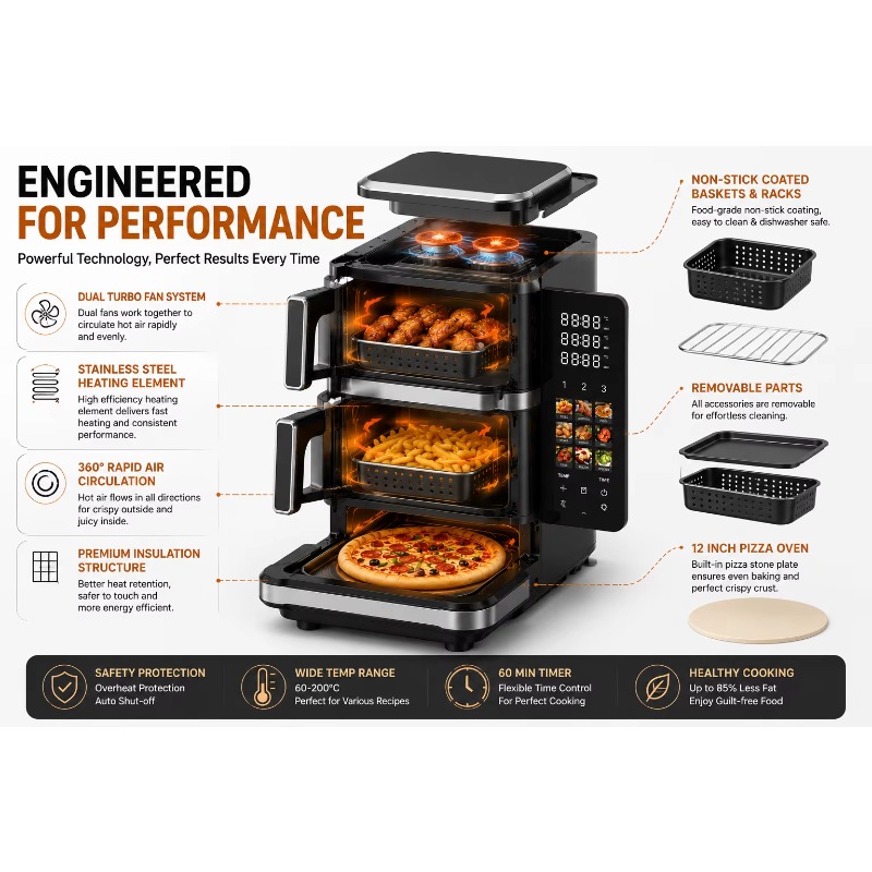 Air Fryer - مقلاة هوائية كهربائية، ميزة خبز البيتزا،